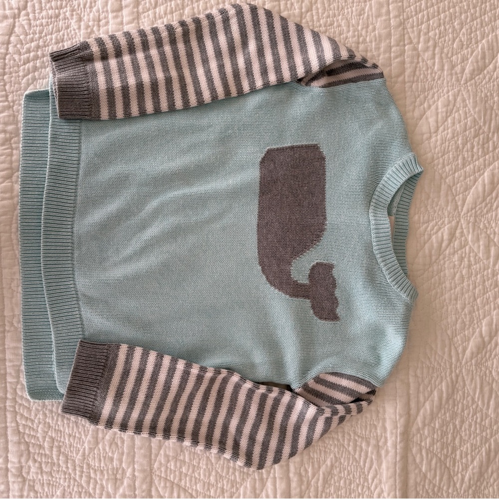 Blue Whale Sweater with Striped Sleeves